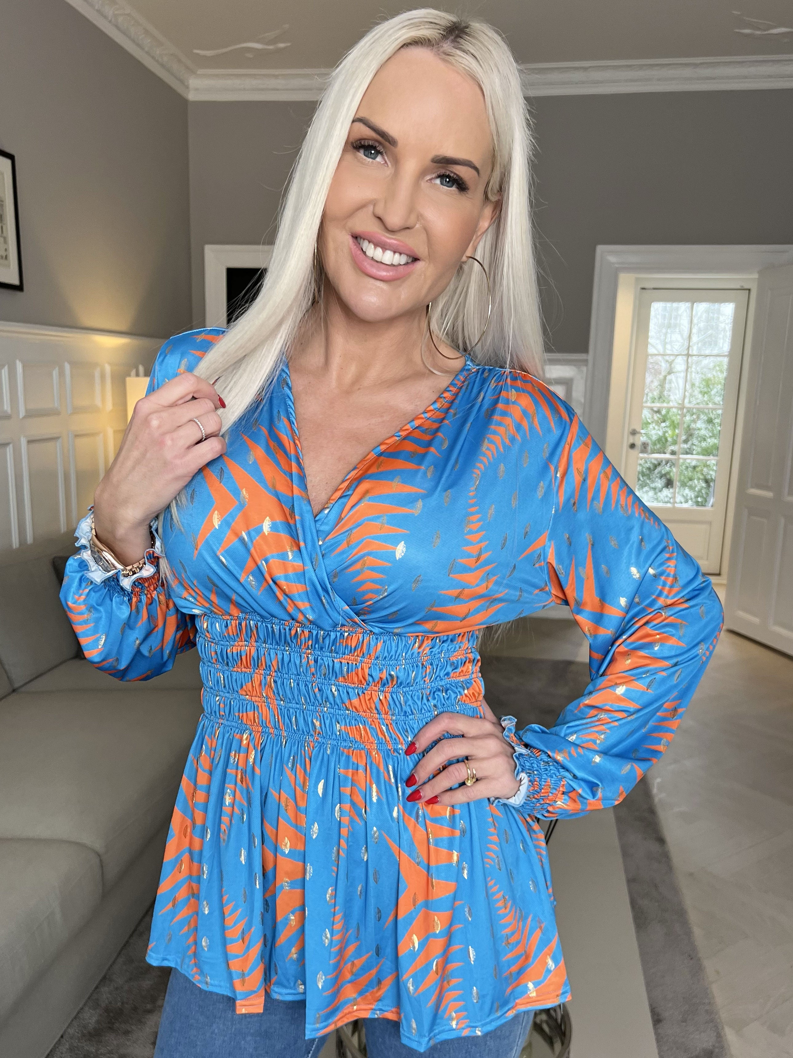 Pams Pattern Shirt L/S - Elastisk blus i skrynkelfritt tyg med långa ärmar